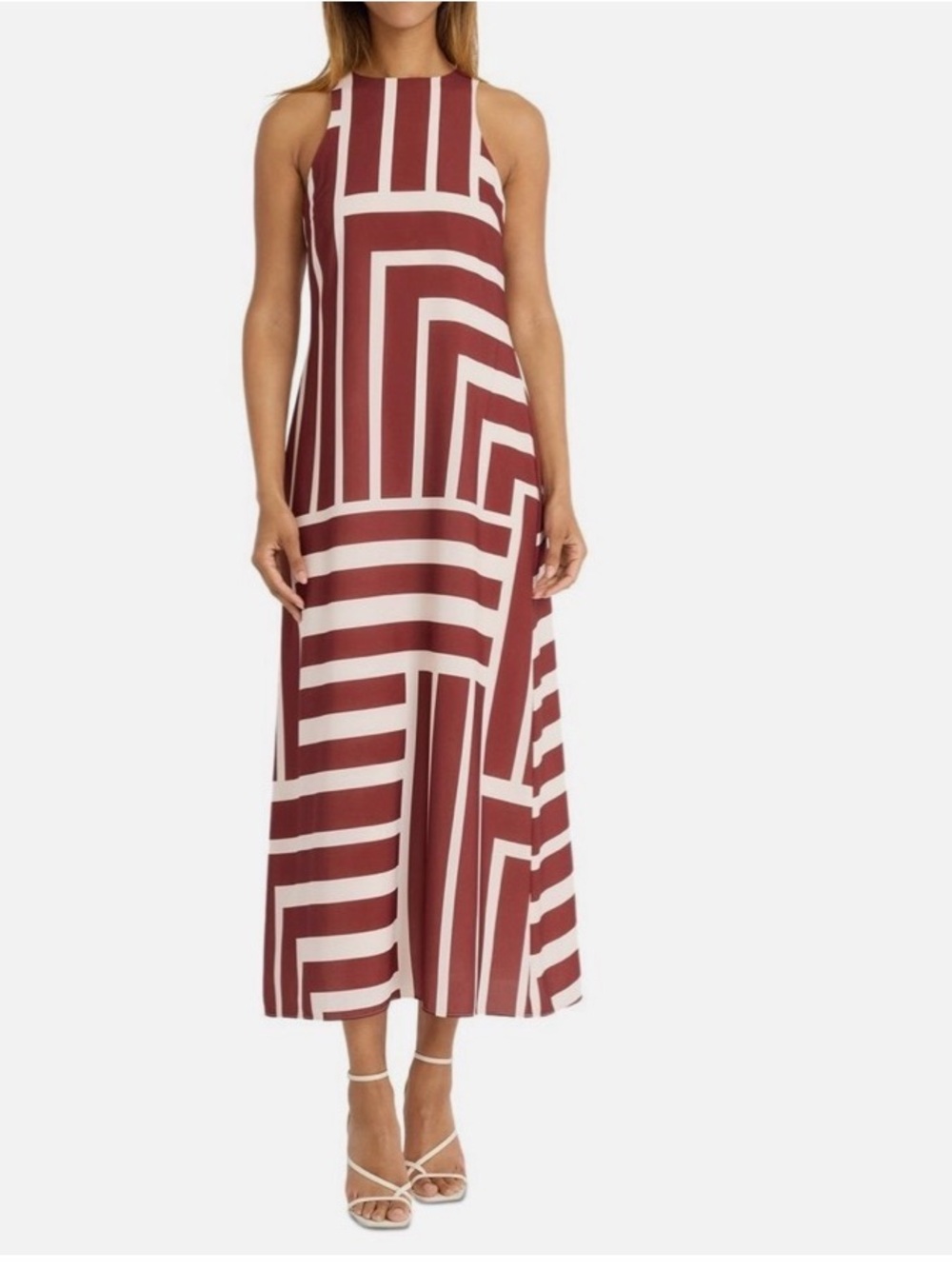 Donna Morgan Burgundy and Cream Geometric Midi Dress